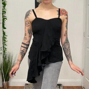 John Richmond Sleeveless Ruffle Top Blouse Sweetheart Neck Size 10 Black